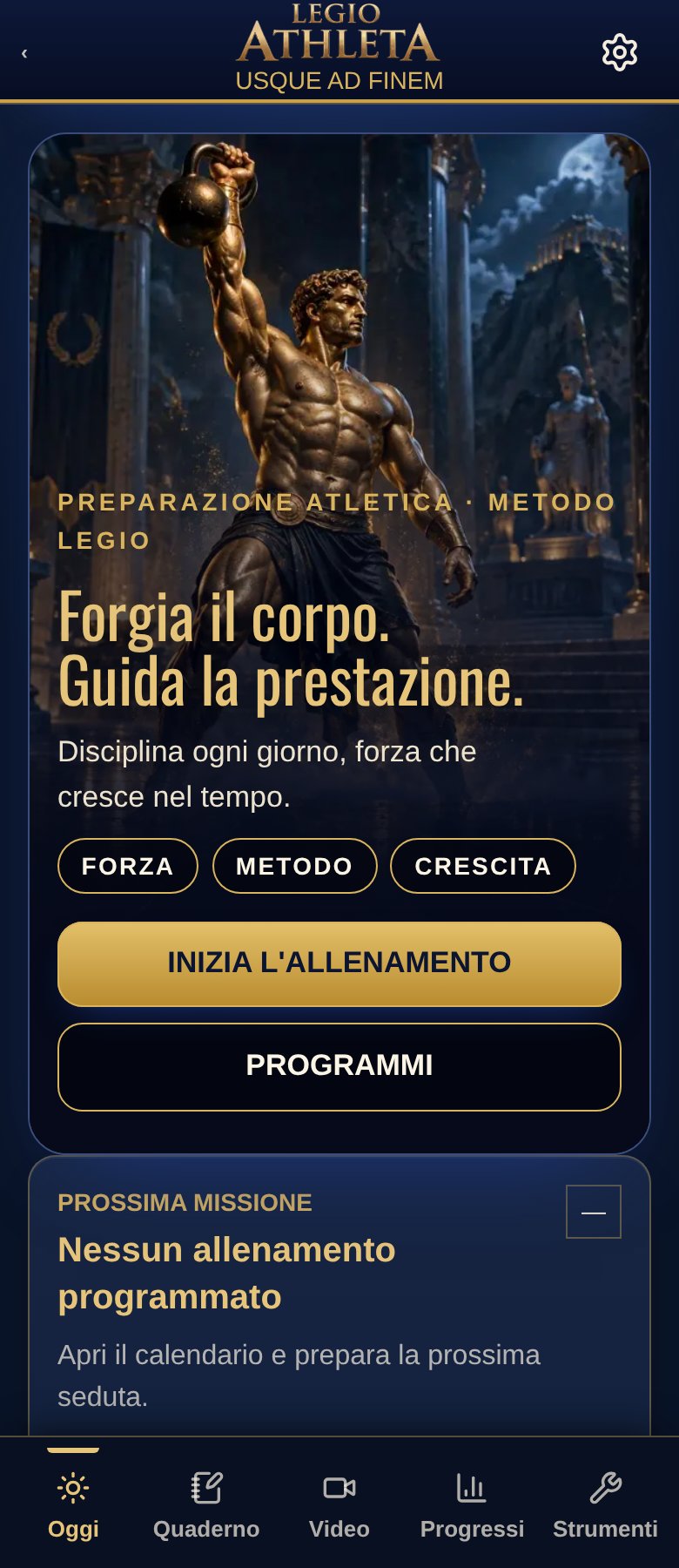 ATHLETA · Home — schermata dimostrativa dell’interfaccia reale