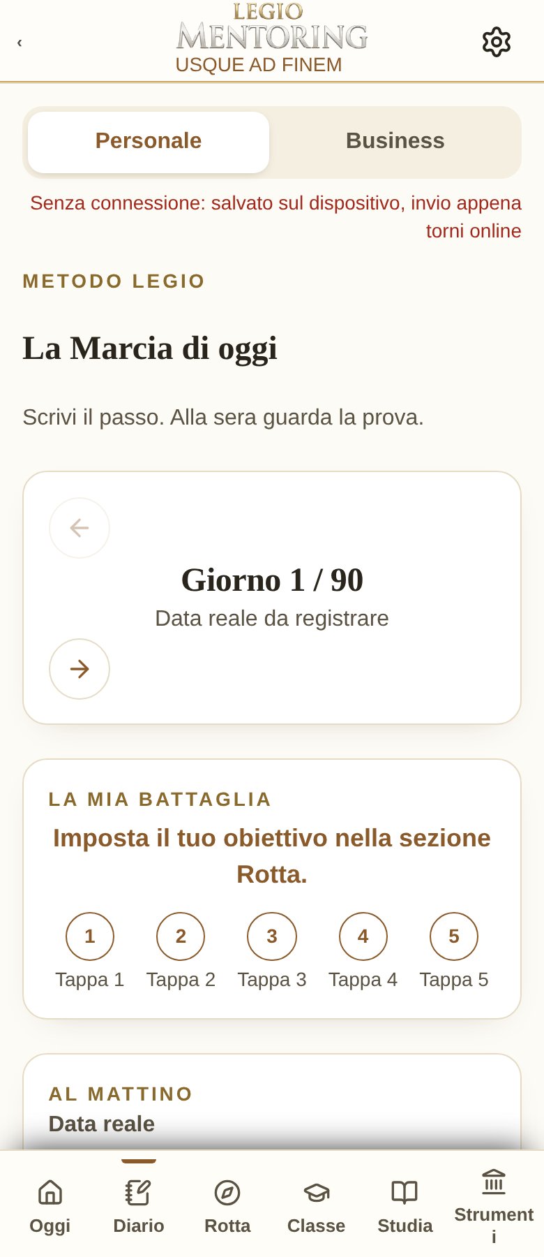 MENTORING · Diario — schermata dimostrativa dell’interfaccia reale