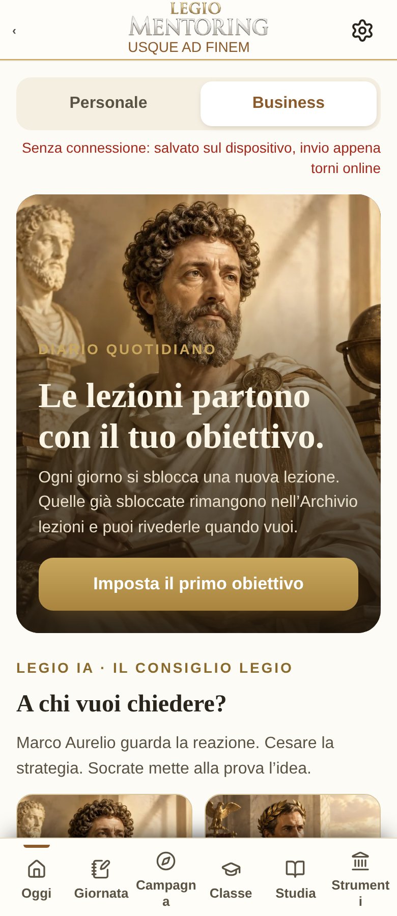 MENTORING · Giornata Business — schermata dimostrativa dell’interfaccia reale