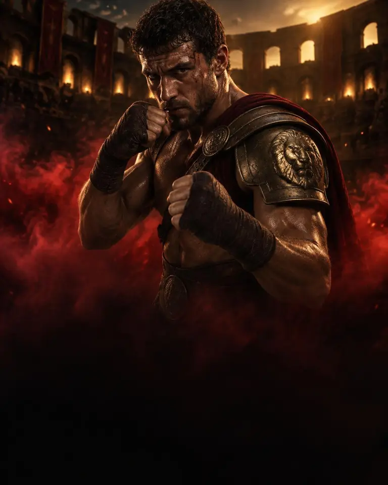 Grafica della Home FIGHTER: combattente romano in guardia con bende alle mani nell’arena